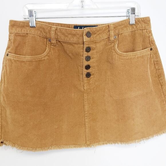 INDIGO Rein Golden Brown  Corduroy mini skirt‎ size 13/30 button fly raw hem - Picture 2 of 9